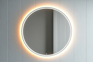 Round mirror with light, reflecting vibrant sunset colors, hangs on white wall, adding warmth and illumination to the room.
