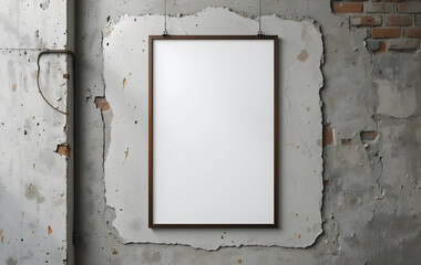 Industrial Loft Template: Blank White Poster Hanging on Cracked Plaster Background