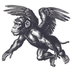 Flying monkey with wings, vintage surreal vector, black sketch, old engraving style, trendy, whimsical, fantasy illustration, retro art, surrealism, unique design, animal art, creative artwork © Vintage Studio