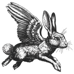 Vintage black sketch, flying hare with wings, retro engraving illustration, trendy black icon, isolated element, old engraving style, hare in flight, whimsical nature illustration, vintage art design © Vintage Studio