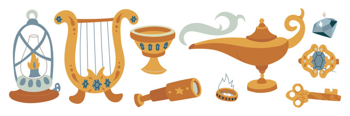 set of magical items. harp, lamp, key, telescope, hairpin, ring in colored flat style. Suitable for fantasy projects, books, games, and works of art related to magic, alchemy, and mystical rituals