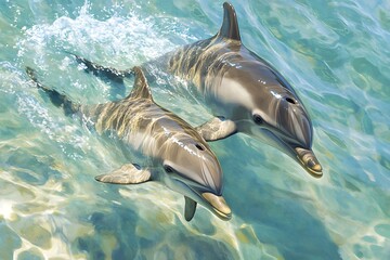 Obraz premium Two dolphins swimming in clear turquoise water with sun reflections creating a beautiful scene