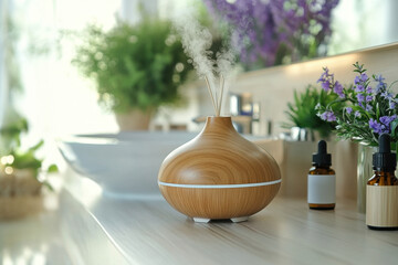 Diffuse diffuser on table, with flowers in background.