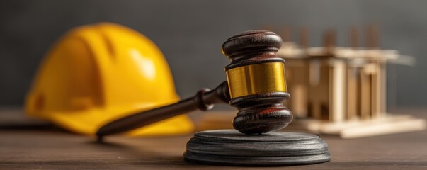 A judge"s gavel, a yellow construction helmet, and a building model symbolize construction law and legal issues in architecture.