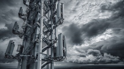 A dramatic, monochrome view of a cell tower with dark, stormy clouds in the background.