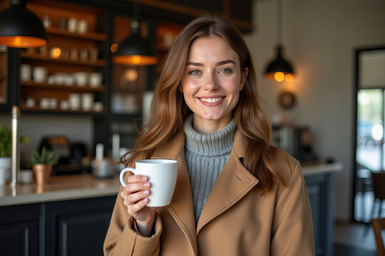 Young Caucasian Businesswoman Celebrating Special Offer at Coffee Shop with Loyalty Card in Full Body Photo