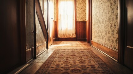 Fototapeta premium Light-Filled Vintage Hallway with Patterned Walls and Warm Wood Floor