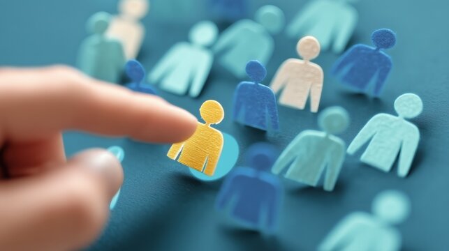 Unique Talent Selection Concept, Finger Pointing at a Yellow Figure Among Others, HR, Personal Selection, Artificial Intelligence in Hiring, Leadership Potential Assessment, Corporate Team Building