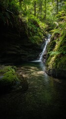 A hidden forest waterfall with crystal-clear water flowing into a serene pool framed by moss and ferns in dappled sunlight Generative AI