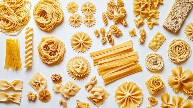 Variety of Raw Pasta Shapes and Types Arranged on White Background