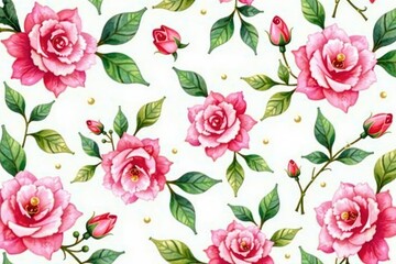 Delicate watercolor roses & leaves, repeating pattern, floral design, pastel