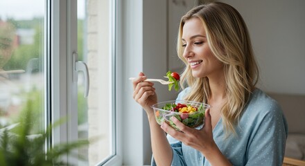 Smiling woman eating a salad from a plastic container by the window