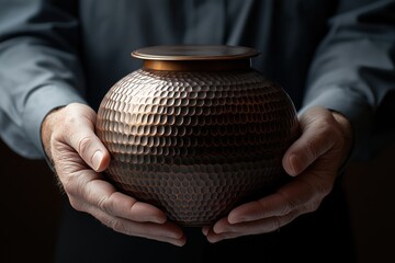 Close-up of crematorium staff member's hands presenting ornate bronze urn