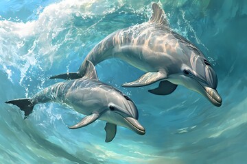 Fototapeta premium Two dolphins swimming gracefully underwater with sunlight filtering through the ocean waves above them