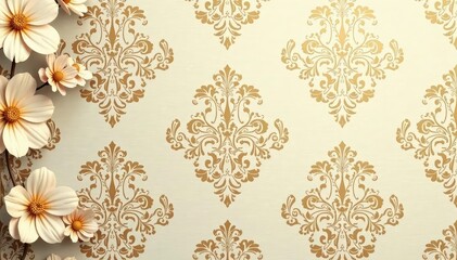 Intricate floral damask wallpaper in muted golds and creams , wallpaper pattern, elegant