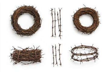 Fototapeta premium Arrangement of barbed wire wreaths and strands on a white background in a studio setting