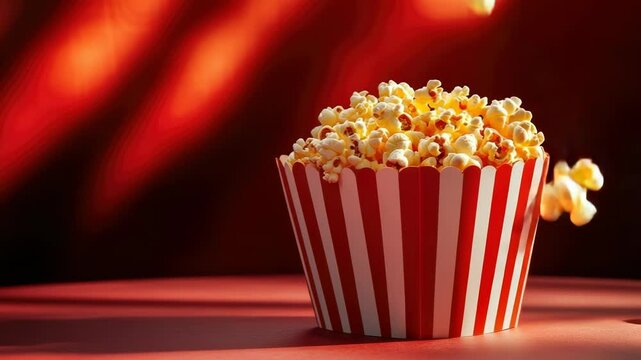 close up striped popcorn box on vibrant red background, classic cinema snack concep