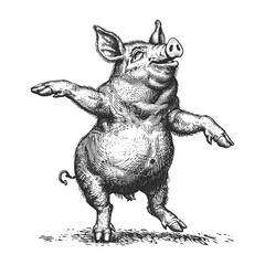 Vintage dancing pig, black woodcut sketch, old engraving, retro logo, classic emblem, antique style, trendy illustration, creative design, engraved logo, retro art illustration