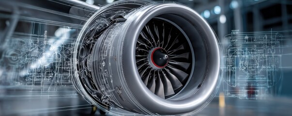 A modern jet engine with digital schematics overlays, highlighting advanced aerospace engineering and technology.