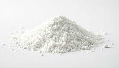 Pile of white granulated sugar on white background, granule, powder, macro
