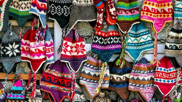 Colorful handmade knitted hats on the Nepalese market