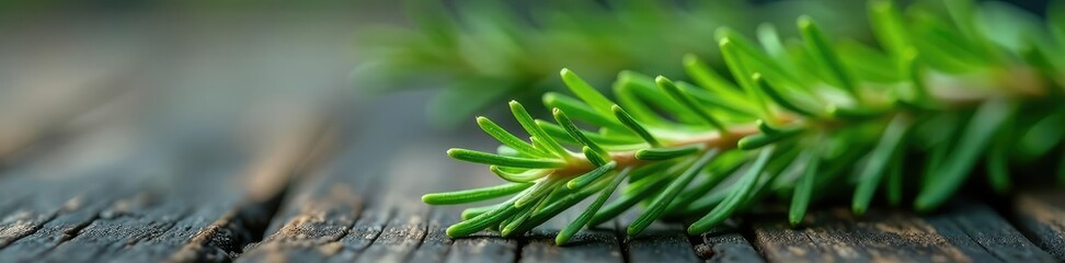 A sprig of fresh rosemary with needle-like leaves, nature, herb