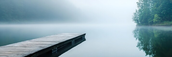 A dock is on the water with a foggy sky in the background