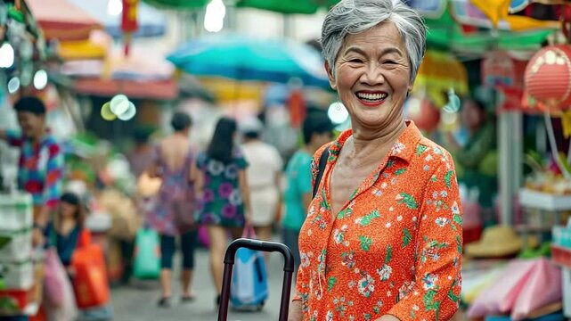 An elderly Asian woman in an orange coat and patterned scarf smiles while holding a suitcase. She stands in a bustling market with colorful clothing