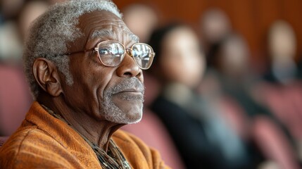 An elderly man listens intently to a lecture on civil rights history at a community center, showcasing deep thought and engagement with the important topic