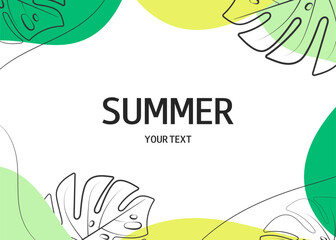 Summer abstract background with wave pattern and monstera leaves. Horizontal template for greeting card, invitation, banner, sale, advertising.
