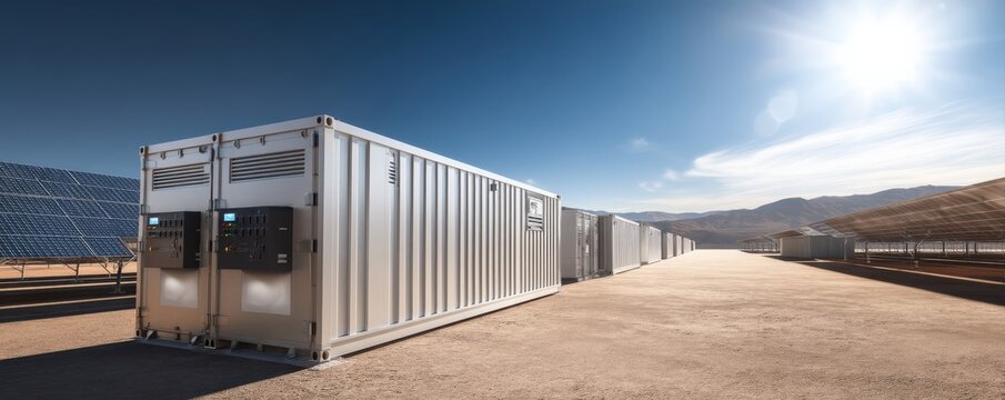 Large industrial battery storage units and solar panels in a sunny, remote, desert-like environment.
