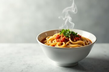 Steaming bowl of ramen noodles, clean background , traditional, tasty, ramen