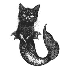 Cute mermaid black cat, old vintage engraving illustration, hand drawn outline graphic, black and white, trendy, vintage style, logo, emblem, icon, cut out, black sketch, engraving art