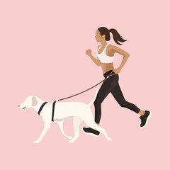 Fototapeta na wymiar Woman running with dog, aesthetic illustration