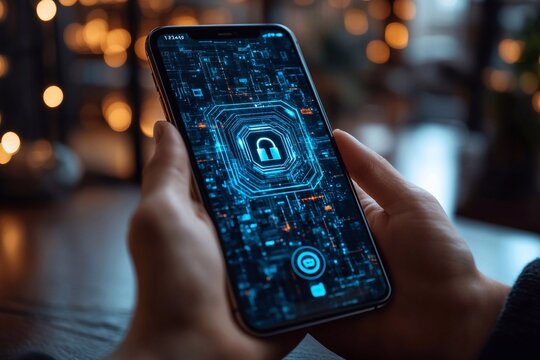 
A smartphone on a table, a large digital lock on the screen, the user's hands carefully hold the device.

