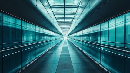 Futuristic Corridor with Glass Walls and Natural Light Stream