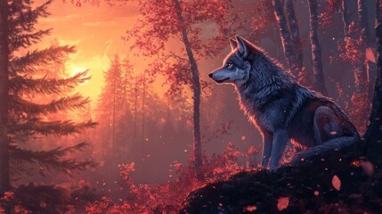 Silhouette of a wolf in autumnal forest at sunrise
