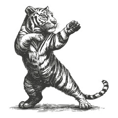 Cute Dancing Tiger, vintage emblem, old engraving style, black sketch, trendy design, tiger illustration, wild animal art, classic icon, retro tiger artwork, engraving art