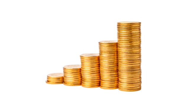 Stacks of golden coins money growth concept isolated on transparent background