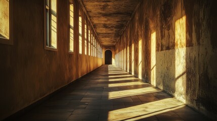 Sunlit Abandoned Corridor with Long Shadows and Rustic Walls