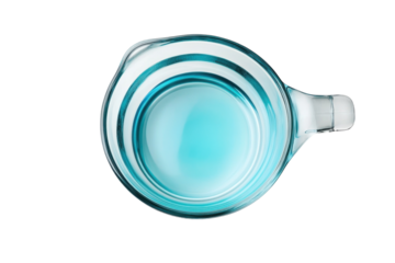 Teal glass measuring cup filled with water bright clear liquid simple kitchen utensil clean backdrop