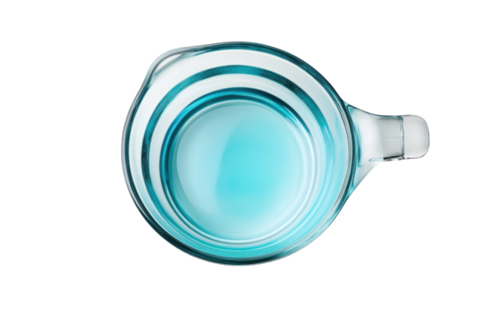 Teal glass measuring cup filled with water bright clear liquid simple kitchen utensil clean backdrop