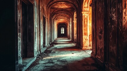 Obraz premium Abandoned Hallway with Warm Lighting and Distressed Walls