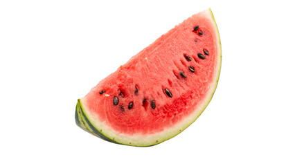 A perfectly cut juicy watermelon slice with clear seeds isolated on transparent background