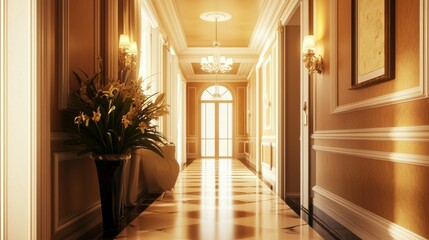 Obraz premium Elegant Hallway with Beautiful Decor and Warm Lighting Atmosphere