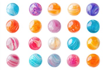 Assortment of colorful marble balls arranged in a grid pattern on a white background surface view