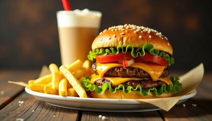 Close-up of greasy burger, fries, and milkshake on white , American food, classic