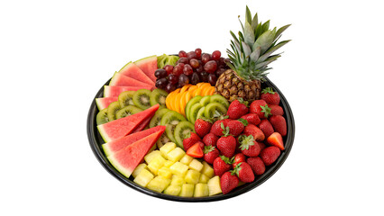 Colorful assorted fruit tray featuring fresh watermelon strawberries red and green grapes pineapple and kiwi isolated on transparent background