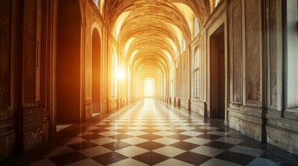 Fototapeta premium Serene Palace Corridor with Arched Windows and Warm Sunlight Glow
