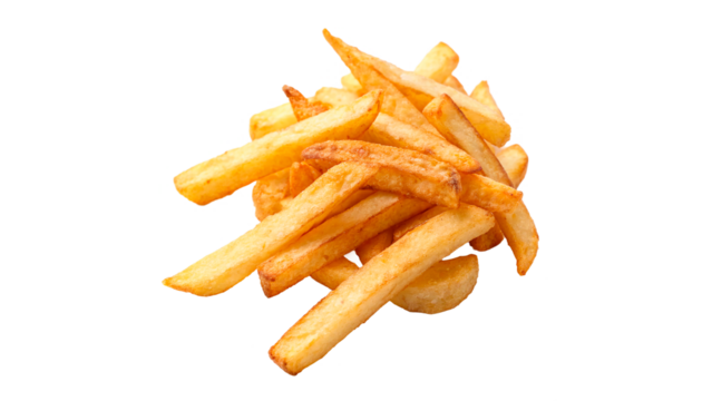 pile of French fried chips golden fried fast food isolated on a transparent background